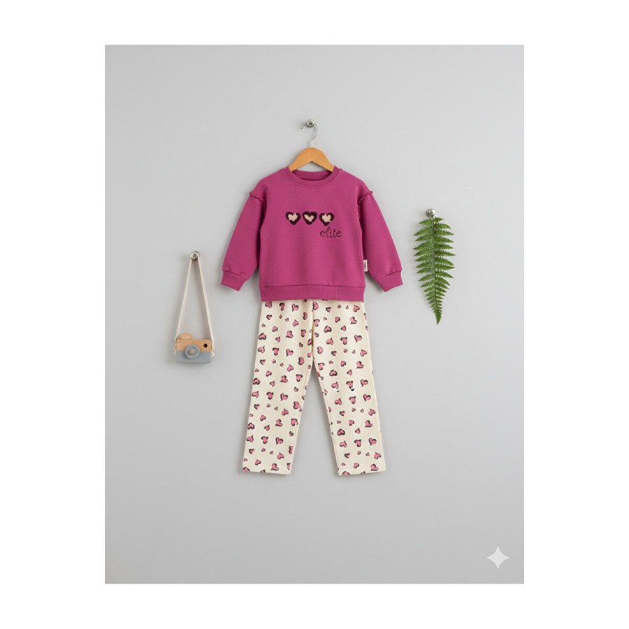 %100 Pamuk Kalp Nakışlı Kız Bebek Takım - Fuşya Sweatshirt ve Kalp Desenli Alt Set