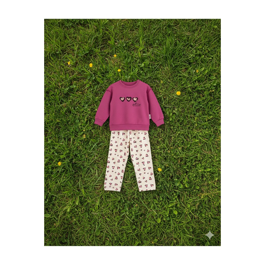 %100 Pamuk Kalp Nakışlı Kız Bebek Takım - Fuşya Sweatshirt ve Kalp Desenli Alt Set