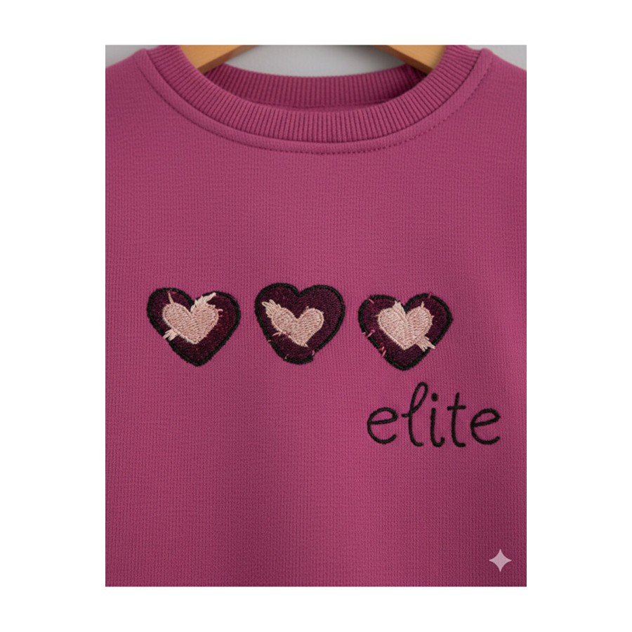 %100 Pamuk Kalp Nakışlı Kız Bebek Takım - Fuşya Sweatshirt ve Kalp Desenli Alt Set