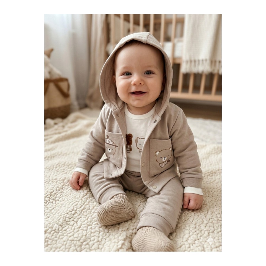 Kidseria Kids Ayı Baskılı %100 Pamuklu 3'lü Erkek Bebek Takımı - Uzun Kollu Set