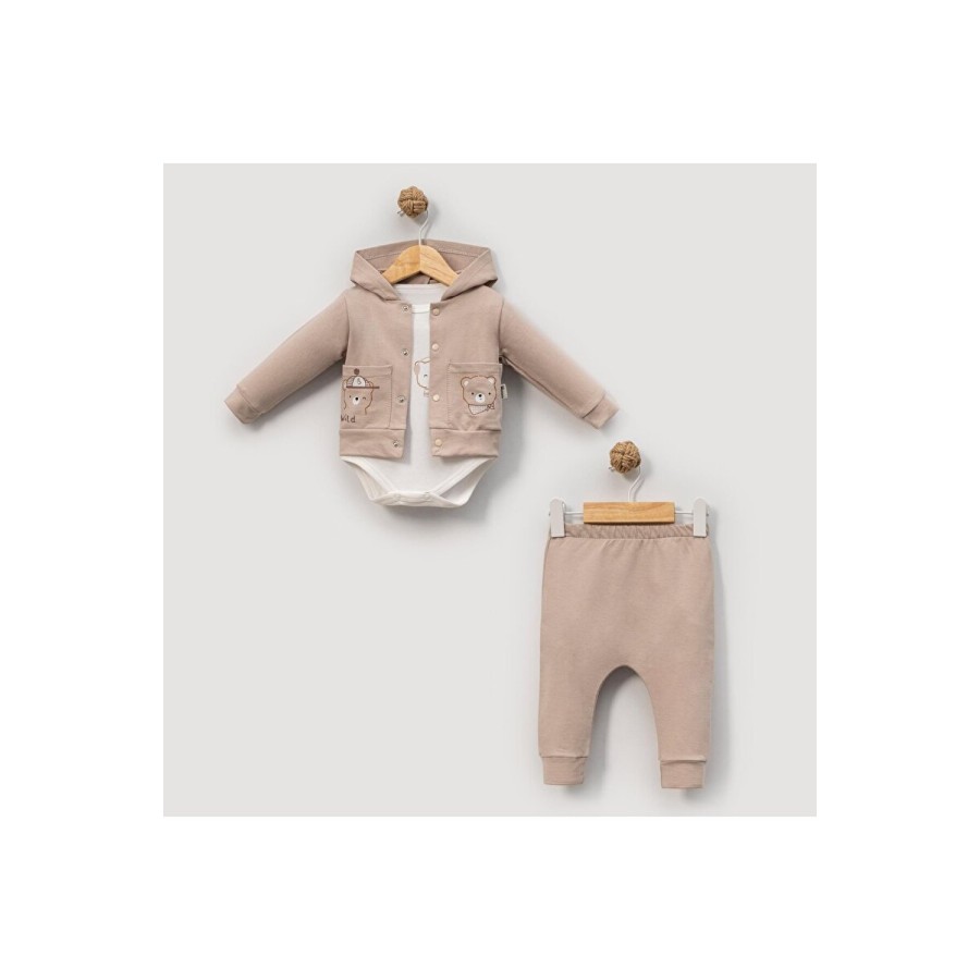 Kidseria Kids Ayı Baskılı %100 Pamuklu 3'lü Erkek Bebek Takımı - Uzun Kollu Set