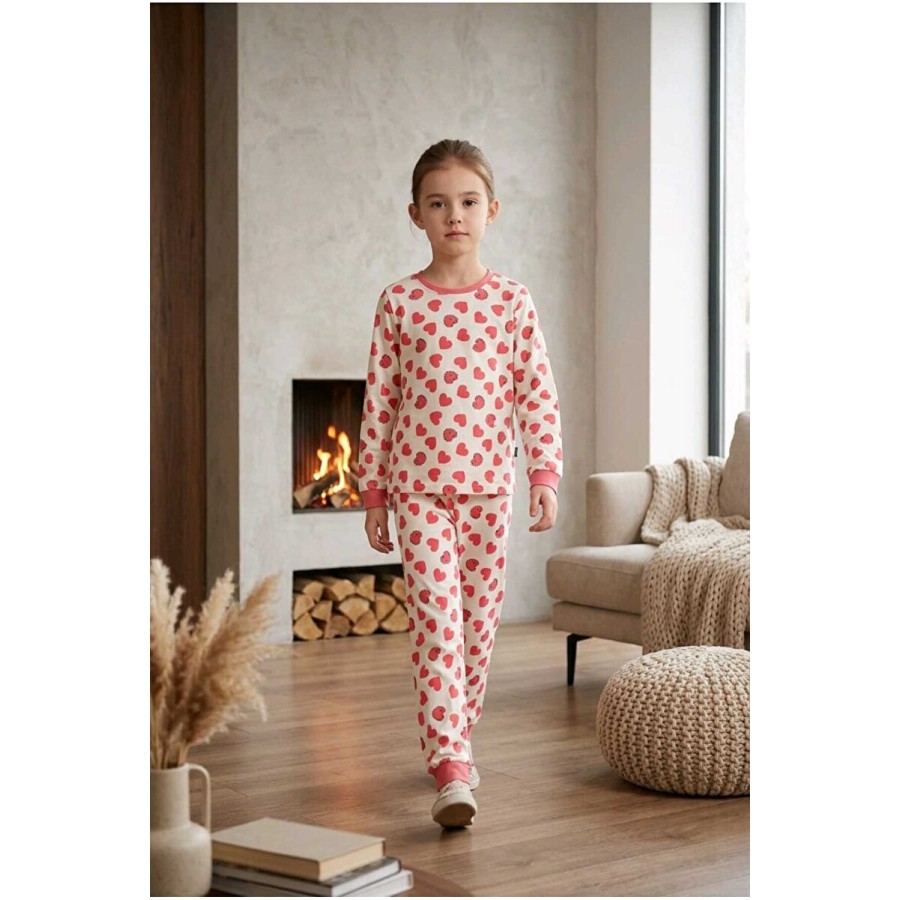 %100 Pamuk Kalp Baskılı Sıfır Yaka Kız Çocuk Pijama Takımı 10-12 Yaş