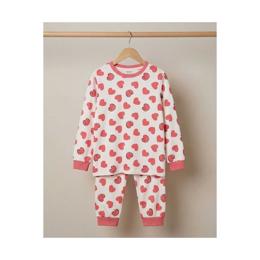 %100 Pamuk Kalp Baskılı Sıfır Yaka Kız Çocuk Pijama Takımı 10-12 Yaş