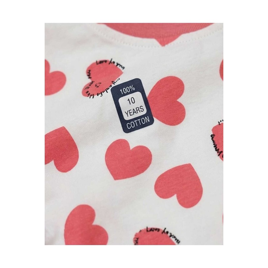 %100 Pamuk Kalp Baskılı Sıfır Yaka Kız Çocuk Pijama Takımı 10-12 Yaş