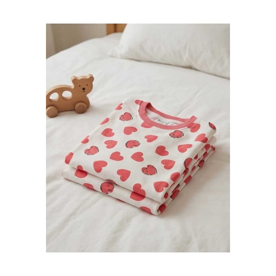 %100 Pamuk Kalp Baskılı Sıfır Yaka Kız Çocuk Pijama Takımı 10-12 Yaş