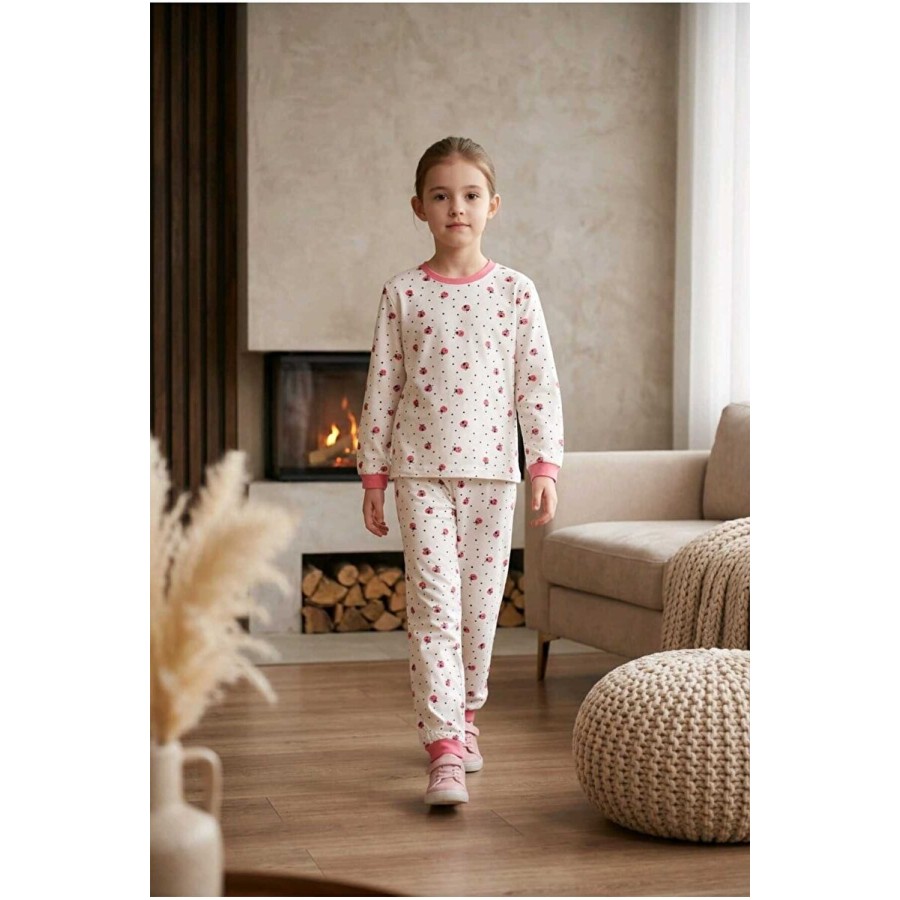 %100 Pamuk Uğur Böceği Baskılı Kız Çocuk Pijama Takımı 10-12 Yaş