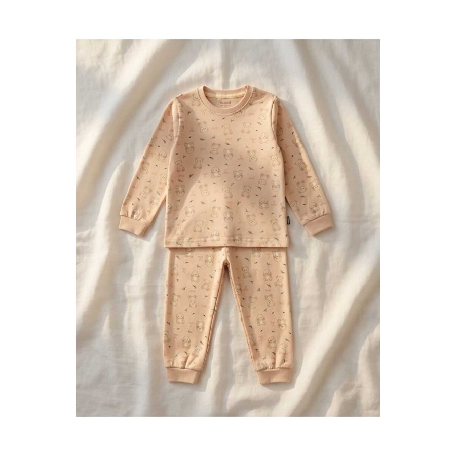 %100 Pamuk Ayıcık Baskılı Sıfır Yaka Kız Çocuk Pijama Takımı 10-12 Yaş