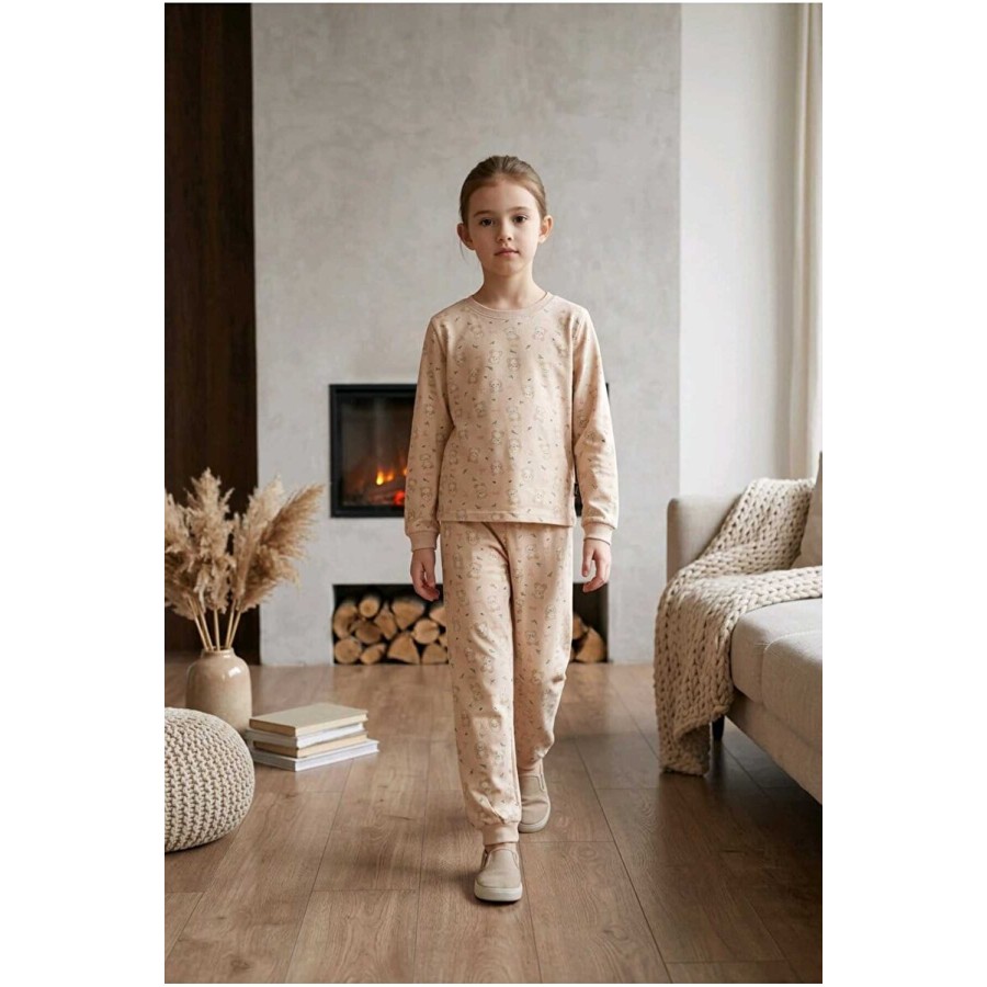 %100 Pamuk Ayıcık Baskılı Sıfır Yaka Kız Çocuk Pijama Takımı 10-12 Yaş