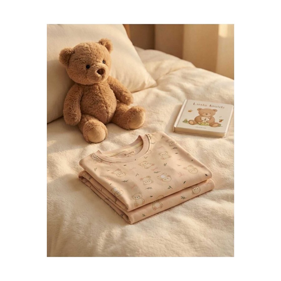 %100 Pamuk Ayıcık Baskılı Sıfır Yaka Kız Çocuk Pijama Takımı 10-12 Yaş